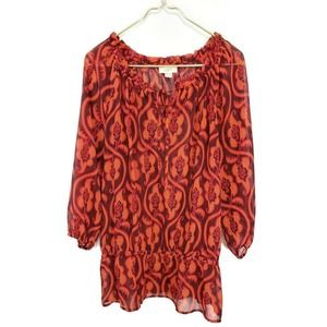 LOFT Sheer Red Peasant Blouse Large Elastic Neckline Boho Peplum Off Shoulder
